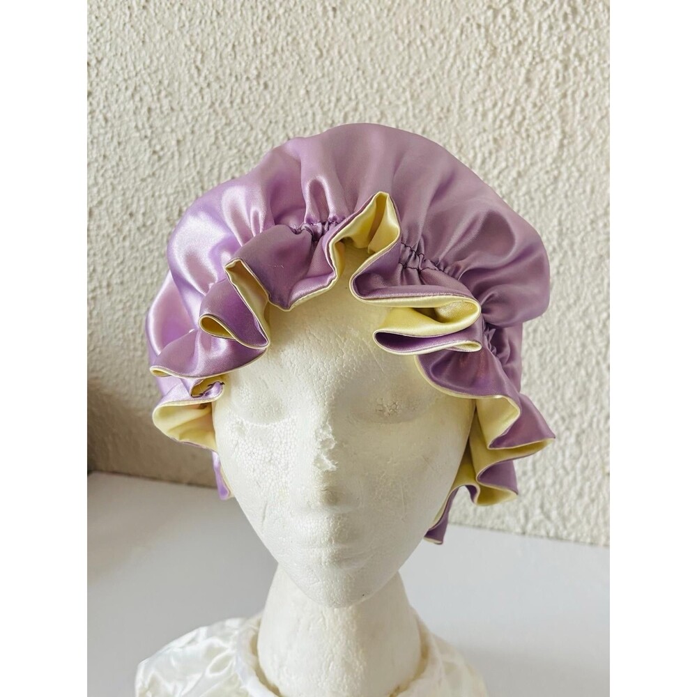Reversible Satin Sleep Bonnet Hat – Purple & Yellow – Extra Large, Elastic Fit - Picture 4 of 16